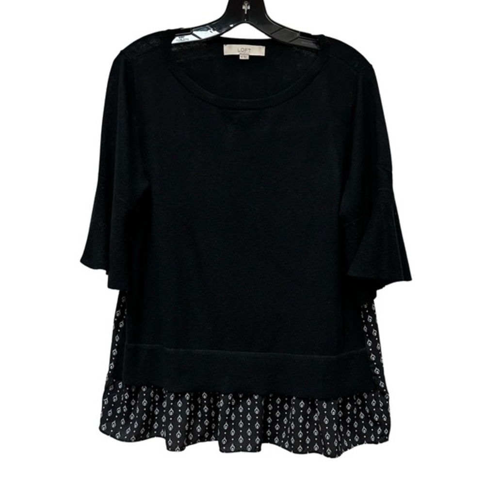 Loft Mixed Media Black Short Flutter Sleeve Sweater Size M